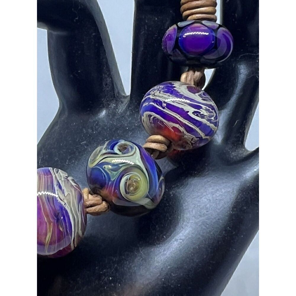 Santa Cruz Artist Made Lamp Worked Glass Bead Bracelet 9 3/4" OOAK Blue Purple - Picture 2 of 13